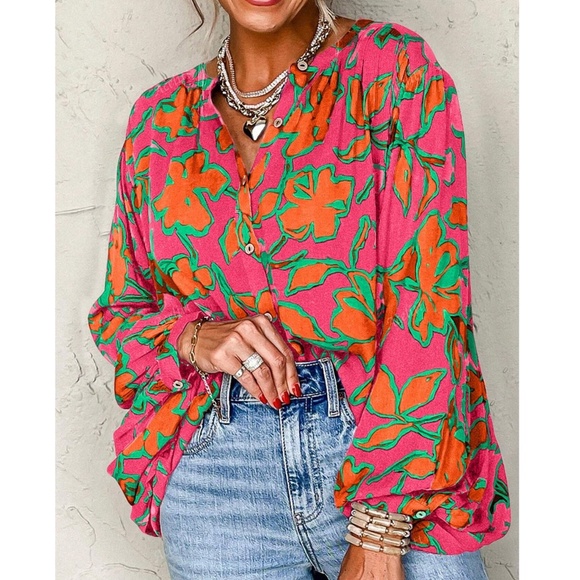 Boho Floral Print Vibrant Button Down Oversized Long sleeve Top - Picture 1 of 3